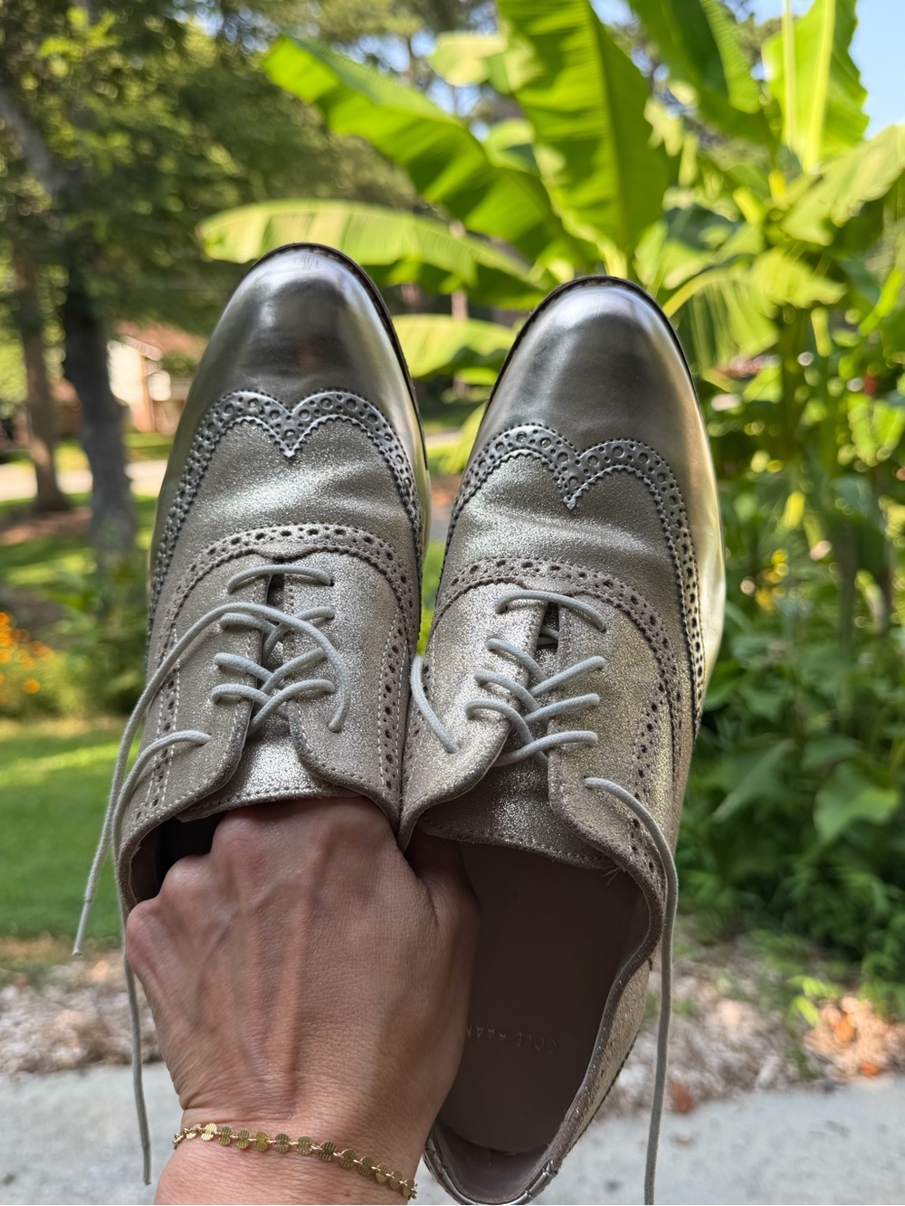 Cole Haan Alisa Wingtip Oxfords Gold Metallic Leather Brogues - Women’s 10.5